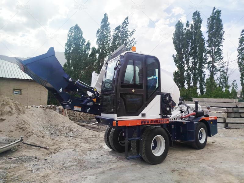 Aimix automatic self loading concrete mixer working onsite in Tajikistan